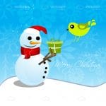 Snowman holds a gift and a Bird